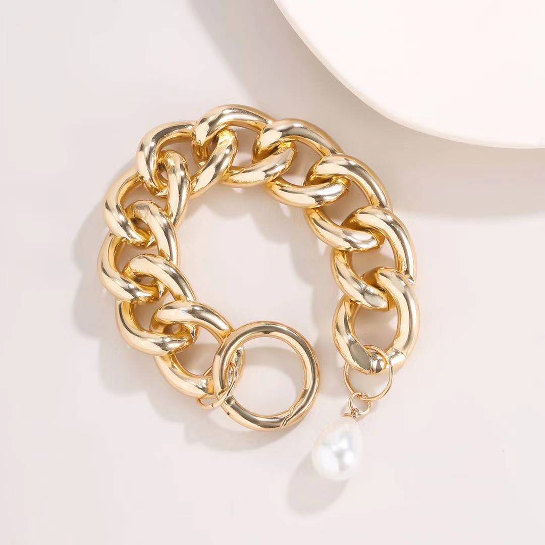 Fashion Jewelry Exaggerated Hollow Aluminum Chain Punk Hand Decoration Imitation Pearl Chain Mix Bracelet Women