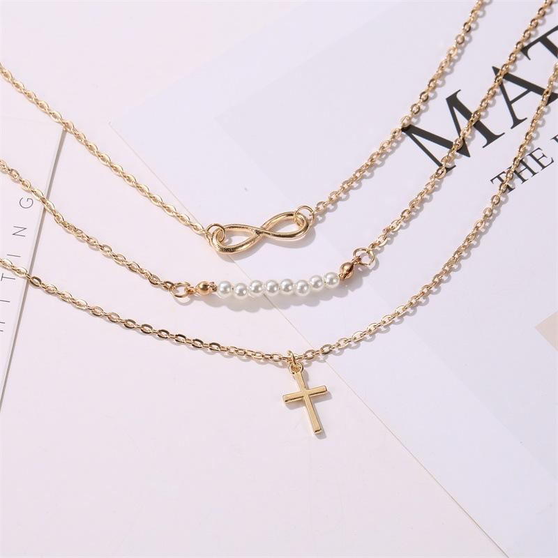 Fashion Women's Figure 8 Pearl Multilayer Pendant Necklace Cross Clavicle Chain Jewelry