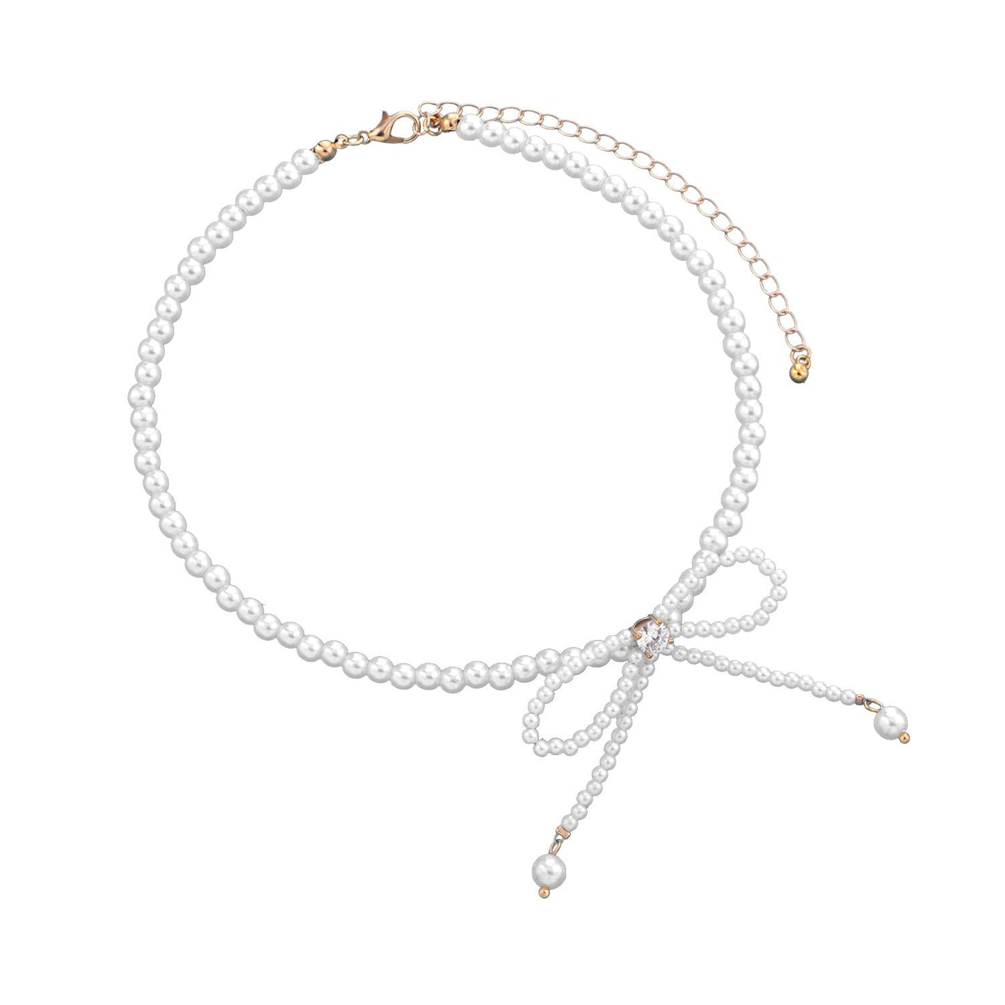 Jewelry Fashion Trend Full Pearl Tassel Temperament Necklace Diamond Bow Knot Super Fairy Clavicle Chain