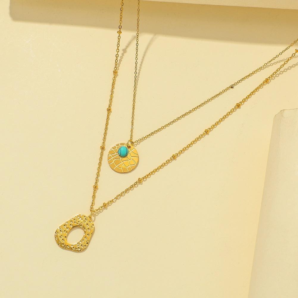 Irregular cracked coin pendant double stacked necklace niche design turquoise pendant clavicle chain