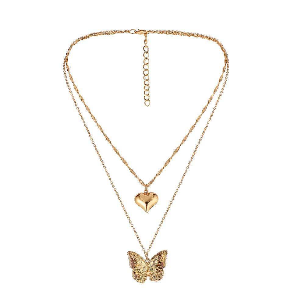 Love Butterfly Hanging Clavicle Pendant Simple Peach Heart Shaped Fashion Metal Double Layer Necklace Jewelry