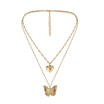 Love Butterfly Hanging Clavicle Pendant Simple Peach Heart Shaped Fashion Metal Double Layer Necklace Jewelry