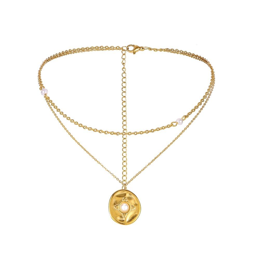Double layer stainless steel retro coin pearl pendant necklace titanium steel sexy temperament elegant clavicle chain female
