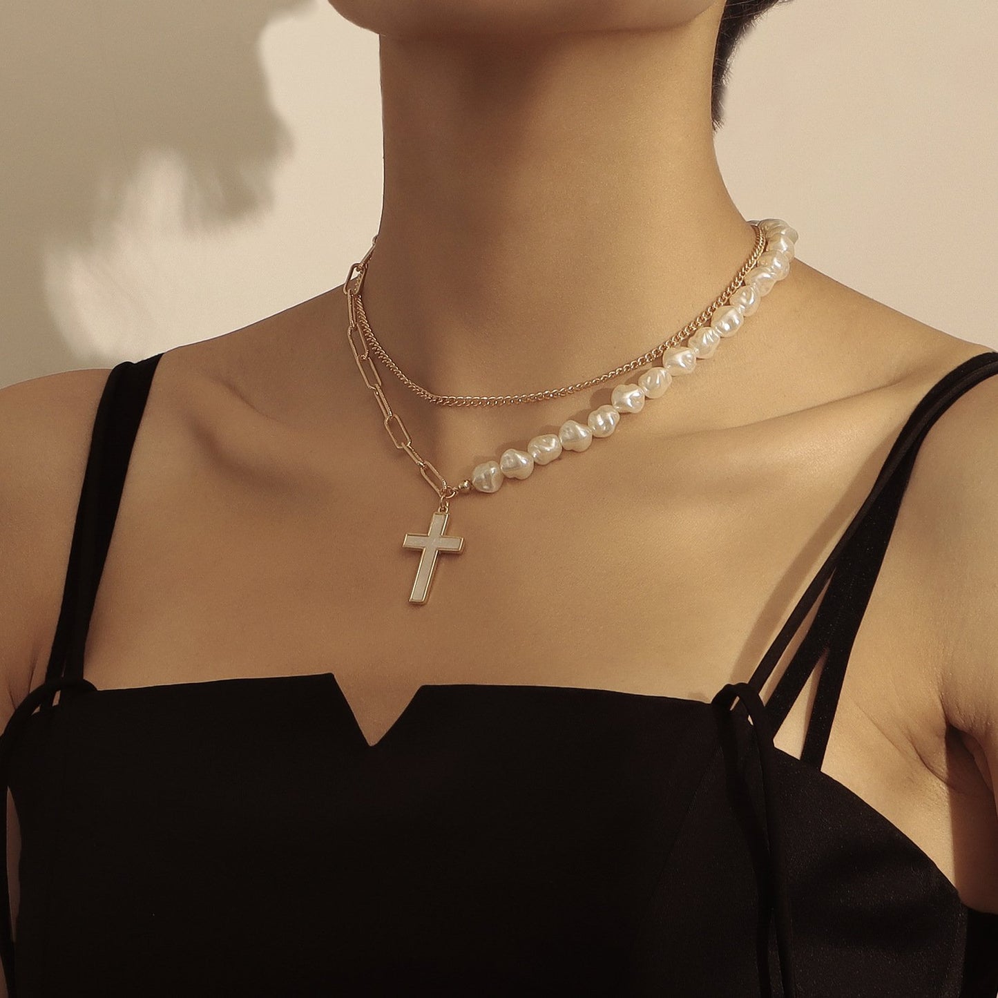 Jewelry fashion trendy double-layer splicing chain imitation pearl cross white mother-of-pearl pendant necklace female