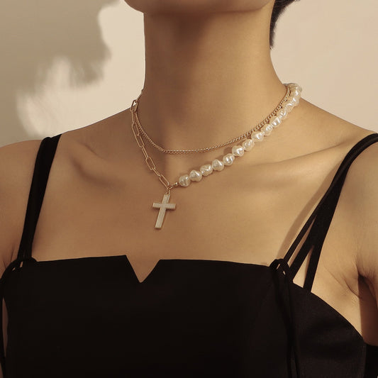 Jewelry fashion trendy double-layer splicing chain imitation pearl cross white mother-of-pearl pendant necklace female
