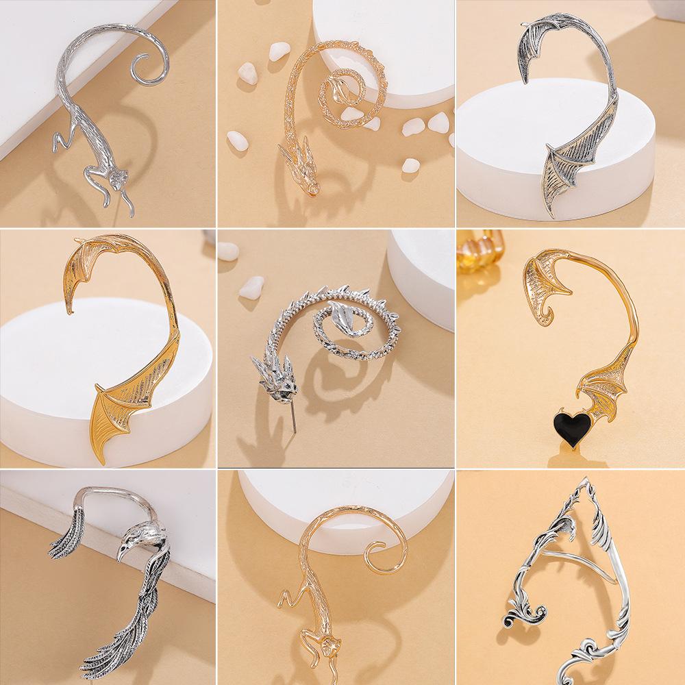 Retro punk elf flying dragon ear hanging single creative metal cat bat without hole ear bone clip