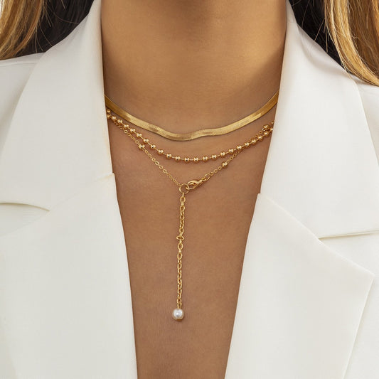 Jewelry Hip Hop Niche Metal Snake Bone Chain Necklace Simple Versatile Pearl Pendant Clavicle Necklace