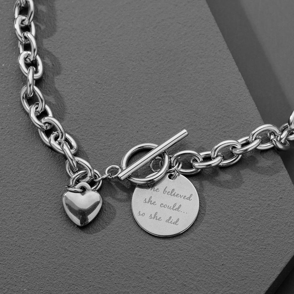 Titanium steel round card love pendant ins cold fashion OT lock necklace peach heart letter round coin clavicle chain