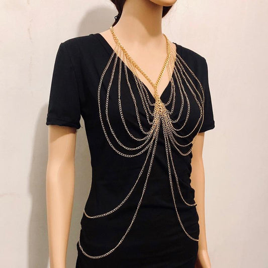 Multilayer Gold Tassel Necklace Sexy Metal Body Chain Bikini Chest Chain Jewelry BodyChain