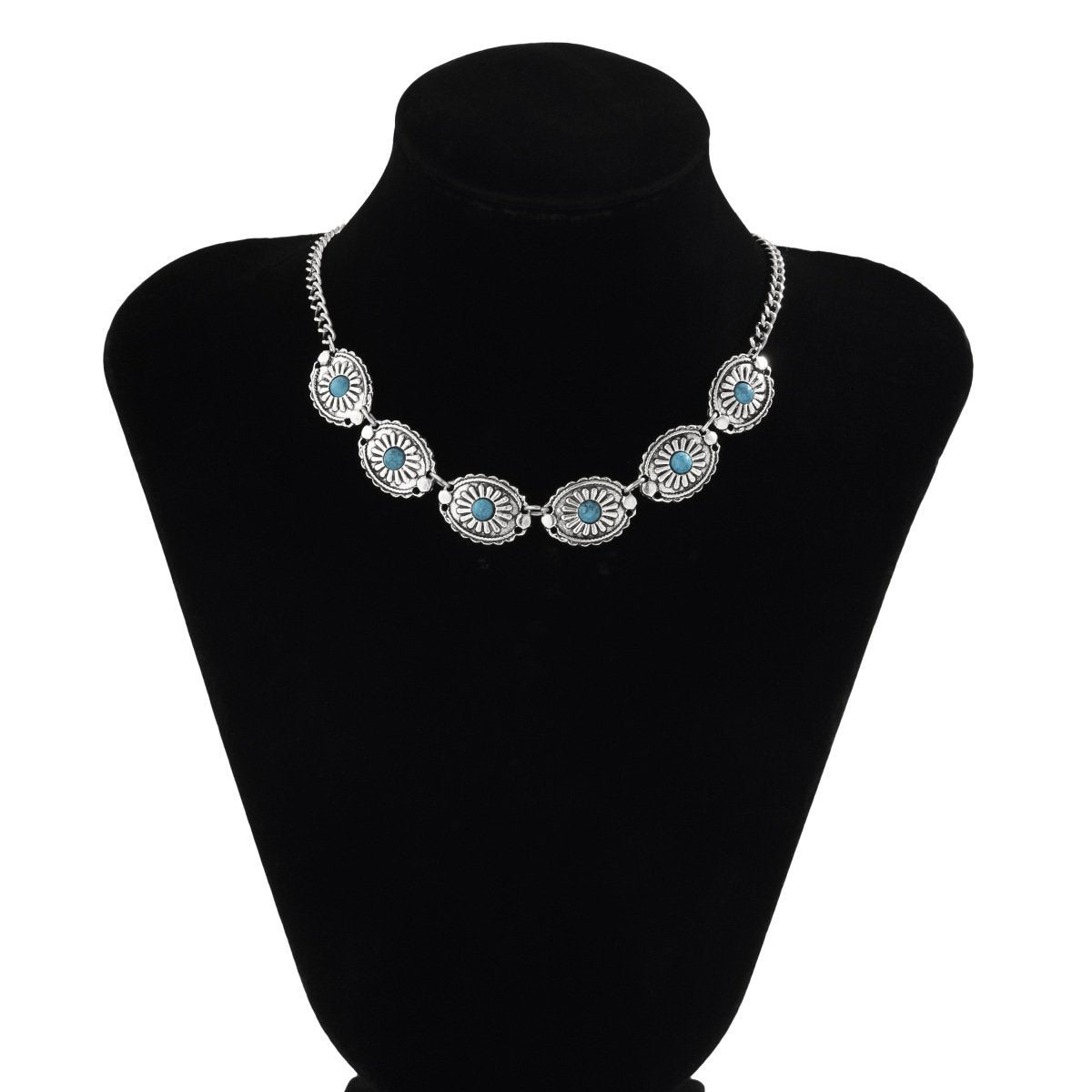 Jewelry Retro Flower Plate Micro-inlaid Turquoise Pendant Necklace Female Personality Punk Ethnic Alloy Necklace