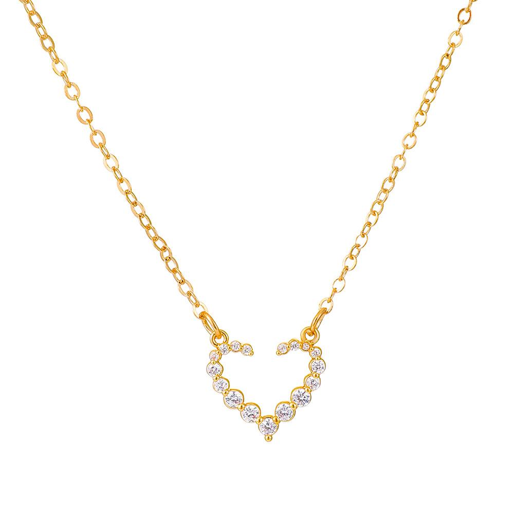 Open Heart Simple Love Necklace Female Ins Fashion Light Luxury Hollow Peach Heart Full Diamond Clavicle Chain Temperament Necklace
