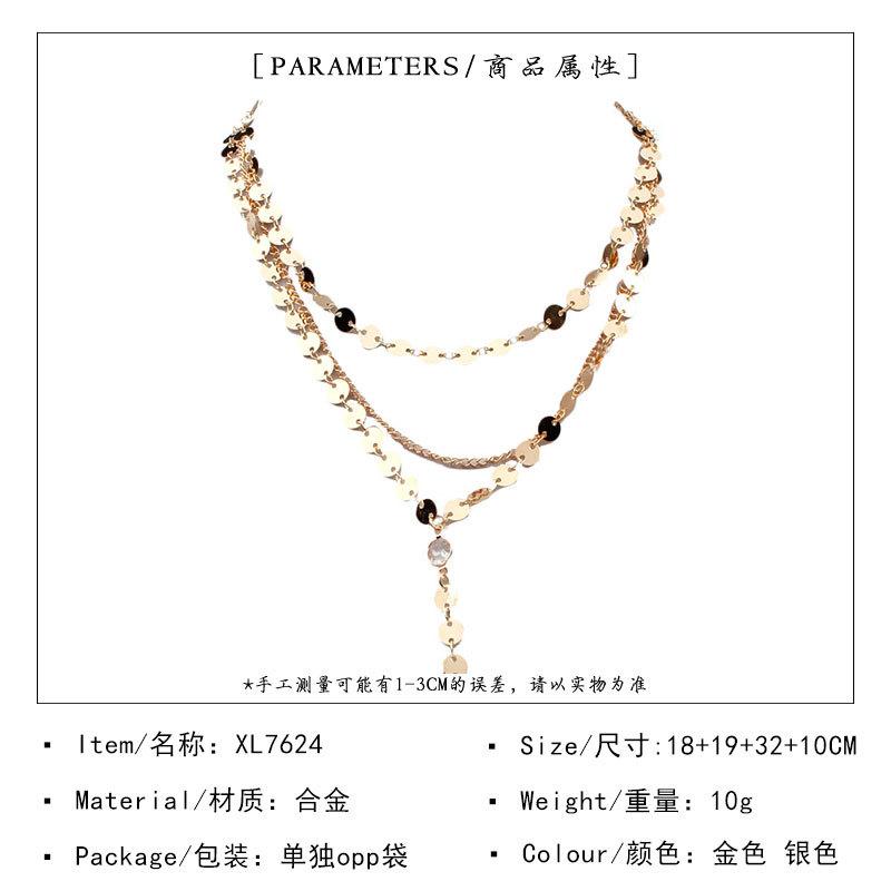 Jewelry Handmade Sequin Chain Necklace Disc Rhinestone Tassel Pendant Multilayer Clavicle Chain