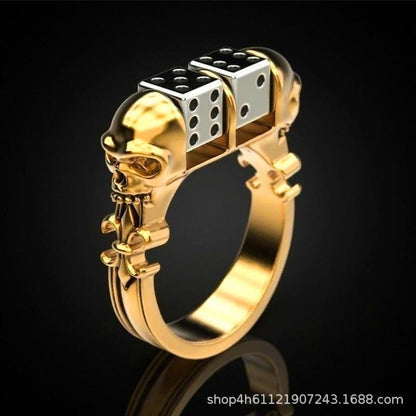 Personality Men's Punk Punk Domineering Golden Skull Dice Hip Hop Ring