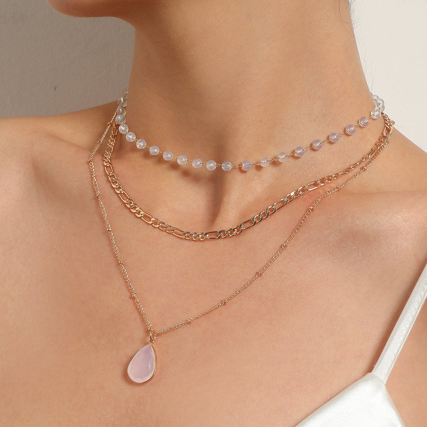 Jewelry multi-element protein bead crystal pendant necklace fashion three-to-one chain water drop necklace