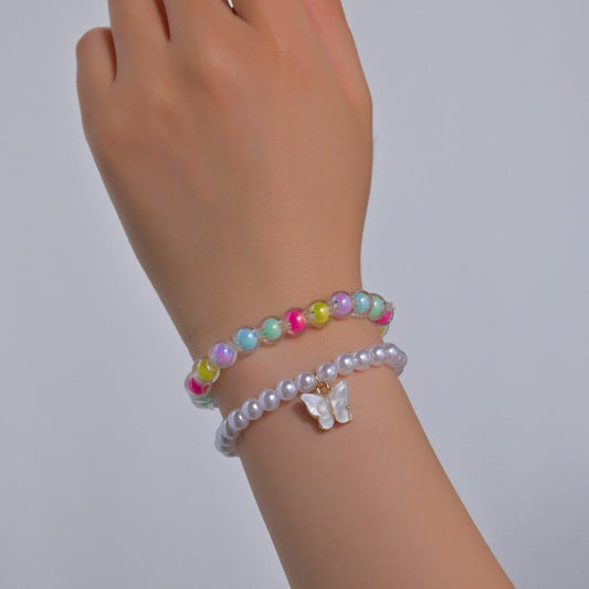 Fashion Sweet Colorful Bead Pearl Bracelet Alloy Butterfly Pendant Stretch Thread Bracelet Accessories