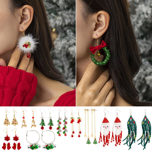 Versatile festive deer rice bead bow simple earrings creative colorful Christmas tree bell tassel earrings women