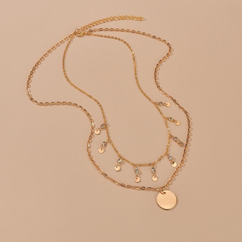 Fashion Double Layer Disc Pendant Necklace Ladies Vintage Rhinestone Necklace Jewelry Accessories