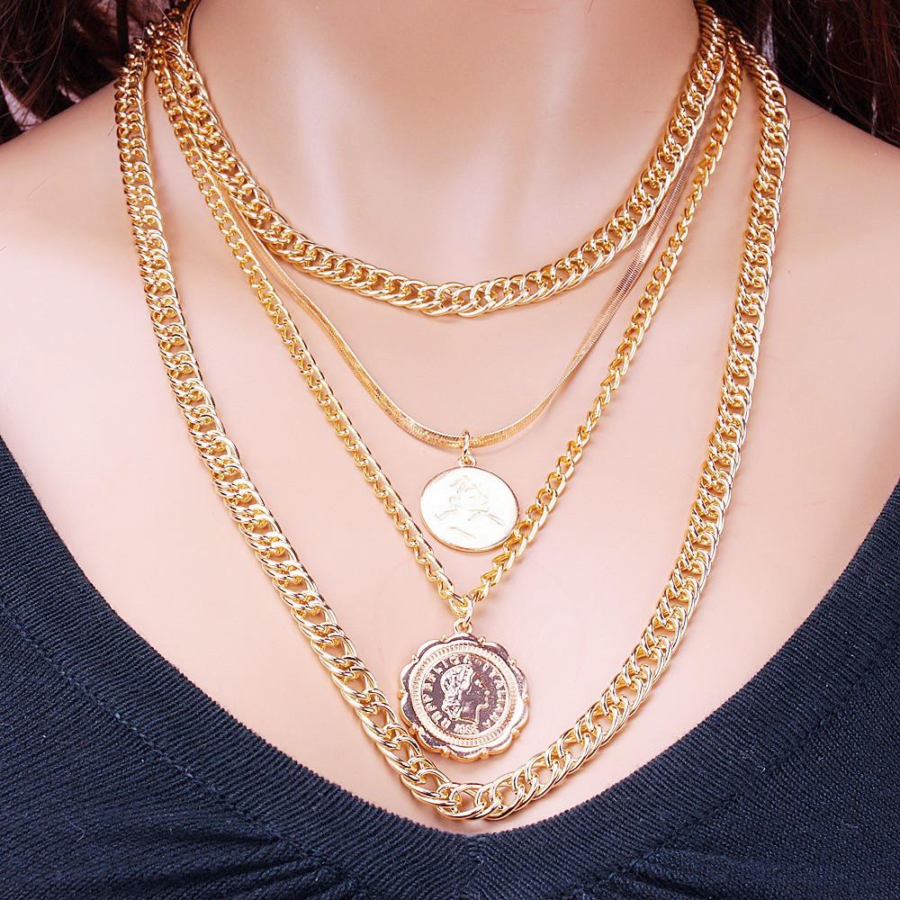 Jewelry round card lace tag multi-layer necklace personality exaggerated hip-hop thick chain necklace necklace