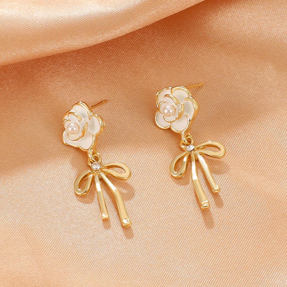 ins camellia bow earrings fashion light luxury niche design pearl tassel earrings temperament earrings