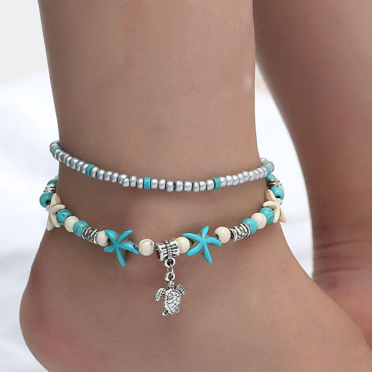 Conch rice beads yoga sea turtle anklet beach starfish pearl retro turtle wave full handmade foot decoration