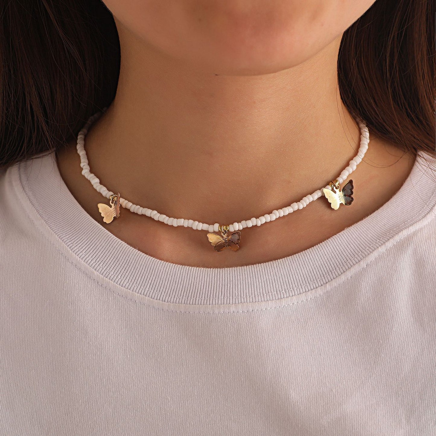 Jewelry Fashion Geometric Alloy Butterfly Choker Necklace Ladies Solid Color Rice Beads Customizable Necklace