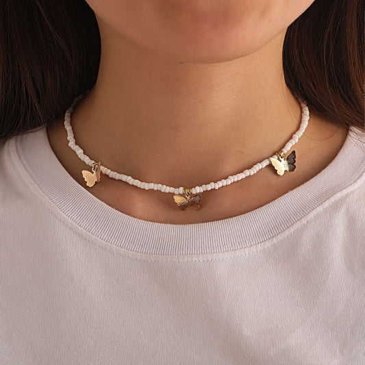 Jewelry Fashion Geometric Alloy Butterfly Choker Necklace Ladies Solid Color Rice Beads Customizable Necklace