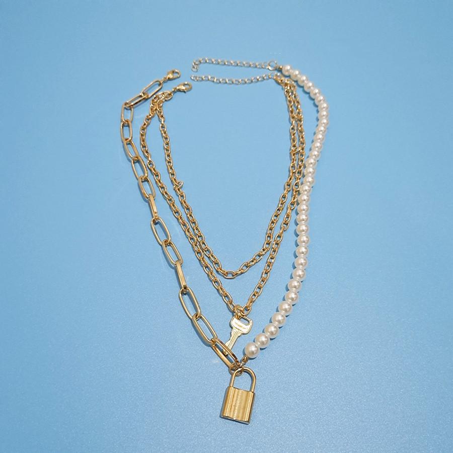 Jewelry multi-layer pearl thick chain necklace female retro lock two-piece chain