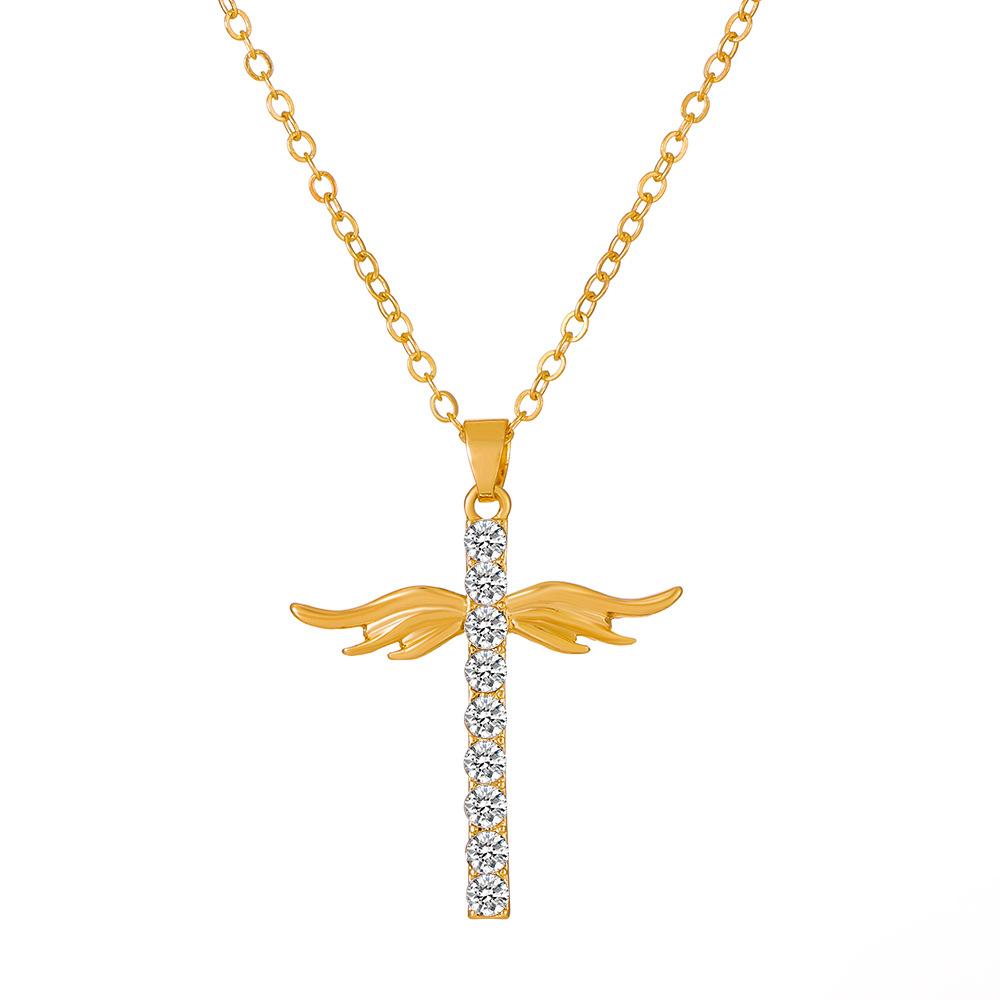 Ins full diamond cross necklace fashion temperament niche design angel wings collarbone chain couple necklace