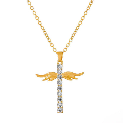 Ins full diamond cross necklace fashion temperament niche design angel wings collarbone chain couple necklace