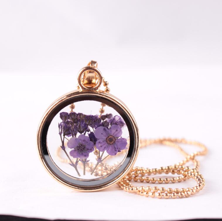 Fashion Pop Jewelry Handmade Lace Dried Flower Pendant Necklace Glass Clavicle Chain