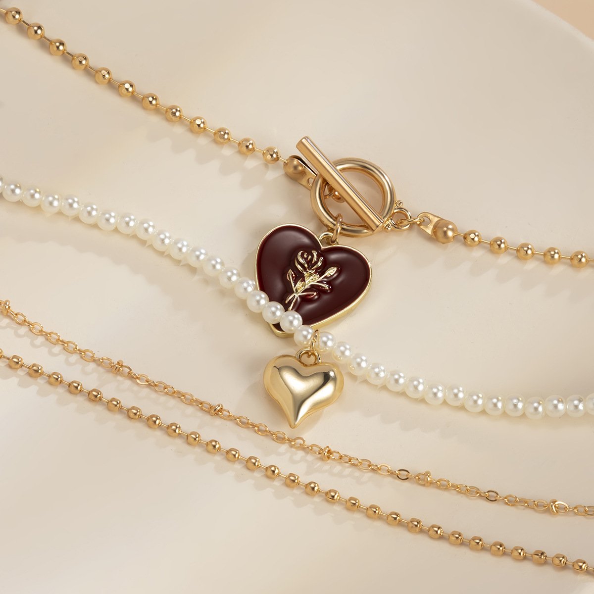 Hip-hop retro personality rose drop nectarine heart necklace female simple imitation pearl heart-shaped necklace