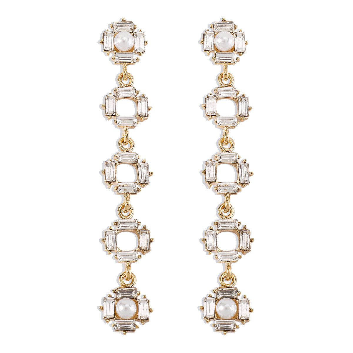 E1493 Minority Long Rhinestone Earrings Hollow Square Pearl Earrings Personality Retro Earrings