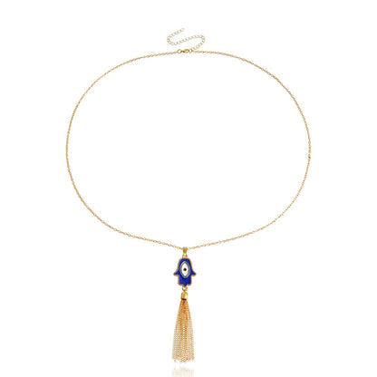 Jewelry Hand of Fatima Blue Evil Eye Tassel Pendant Necklace Women's Sweater Chain Trendy