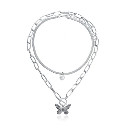 Jewelry ins fashion double bamboo snake bone chain OT buckle pearl stripe butterfly pendant necklace female