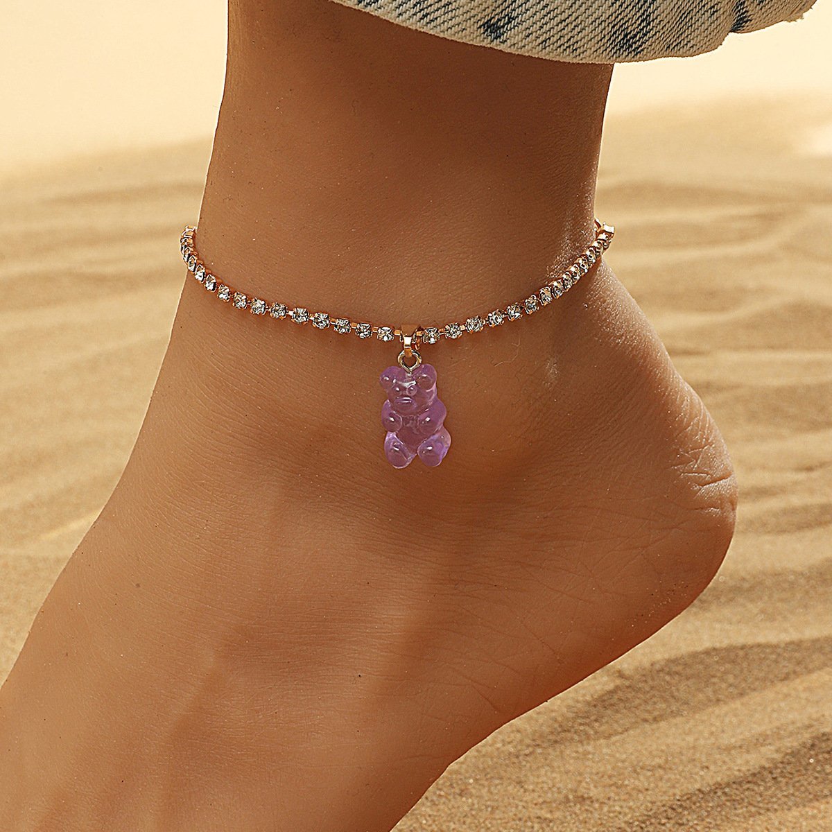 Creative Resin Bear Chain Rhinestone Anklet Sweet and Cute Summer Pendant Foot Jewelry for Women