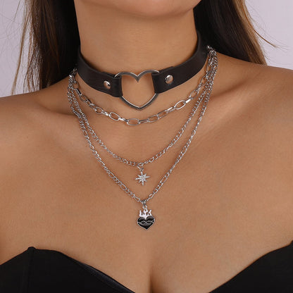 N1263 Niche Punk Dark Black Necklace Leather Rivet Personality Rock Necklace Exaggerated Chain Necklace