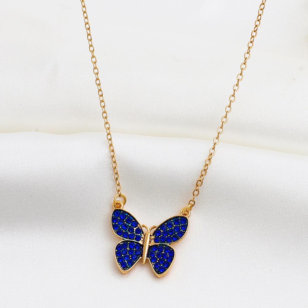 Ins full diamond butterfly necklace female retro fashion niche design blue butterfly pendant clavicle chain tide