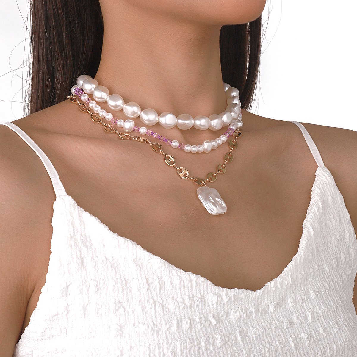 N1525 Bohemian ethnic multi-layer pearl necklace exaggerated temperament geometric stacked necklace female