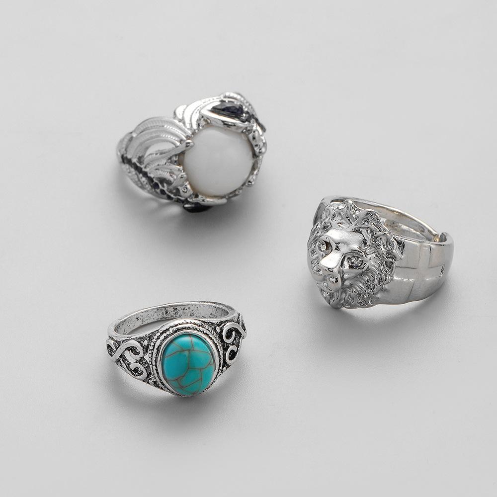 Fashion retro trend personality men's alloy exaggerated lion turquoise peacock feather ring set