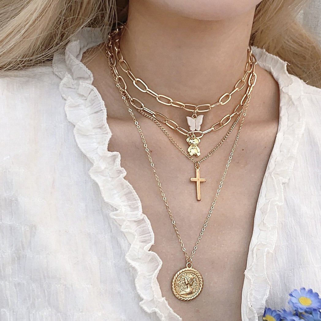 Jewelry Retro Portrait Tag Butterfly Necklace Women's French Style Stacked Cross Suit Necklace