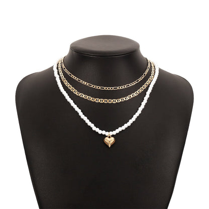 N1273 Street Shot Personality Necklace Pearl Heart Stacked Necklace Retro Small Fashion Necklace