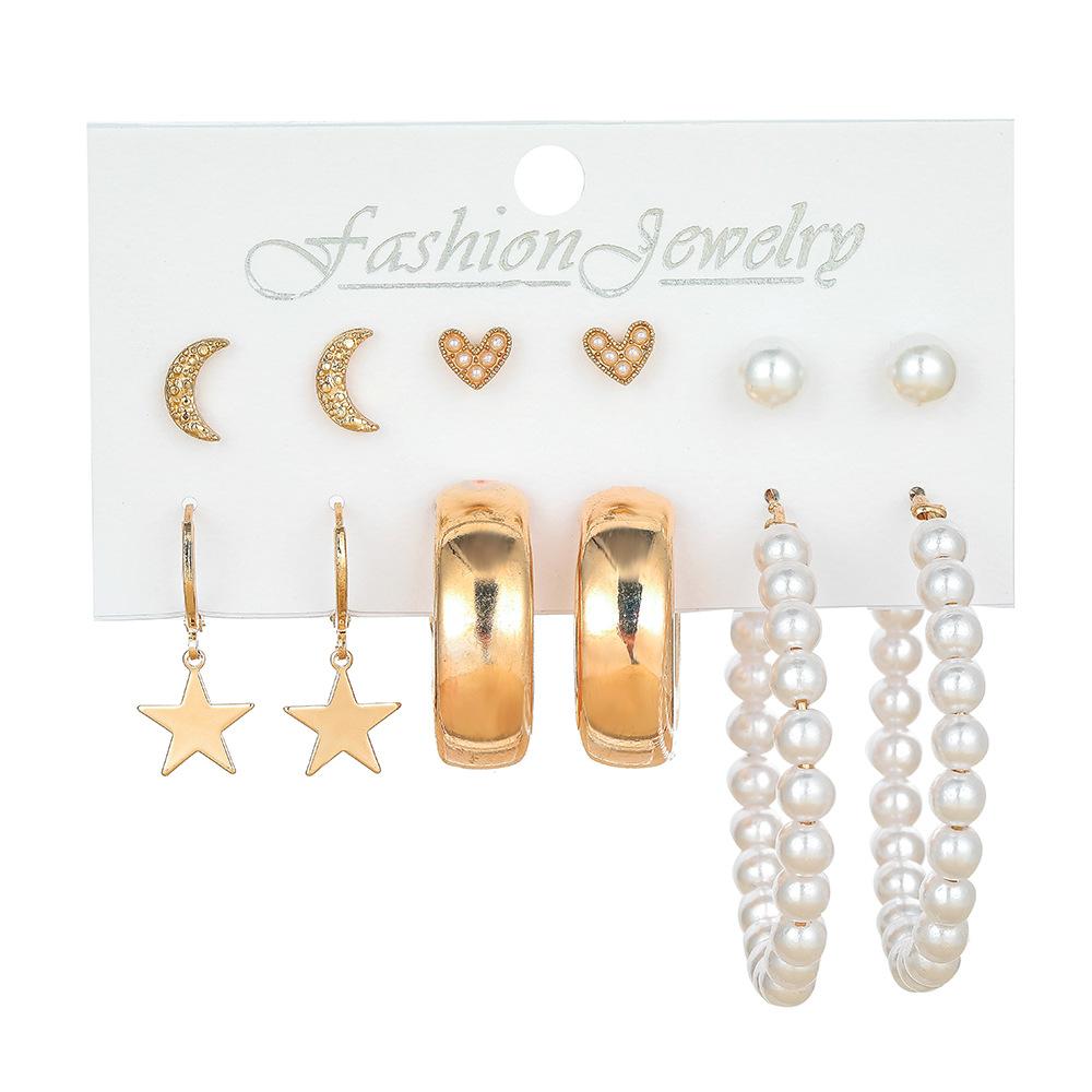 Trendy simple five-pointed star pearl love moon earring small fresh ins retro earring set