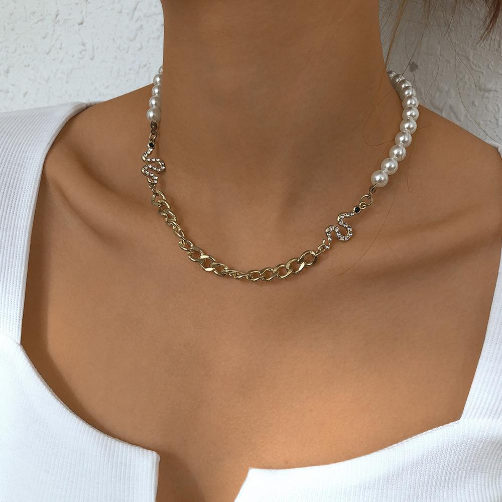 N9426 Jewelry Chain Pearl Stitching Fashion Necklace Exaggerated Snake Shape Micro-inlaid Cold Necklace