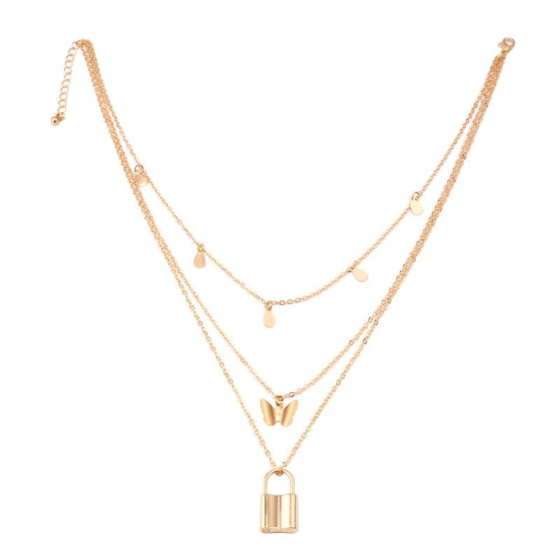 Retro fashion multi-layered simple butterfly small lock pendant necklace ins clavicle chain jewelry