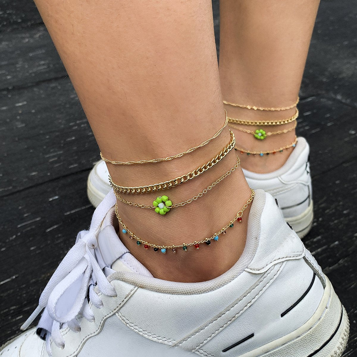 Jewelry Creative Contrasting Color Rice Beads Daisy Flower Anklet Set Geometric Metal Chain Foot Jewelry Female