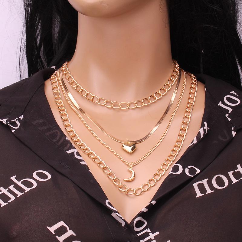 High-end multi-layer metal clavicle chain personality simple and indifferent peach heart moon pendant necklace