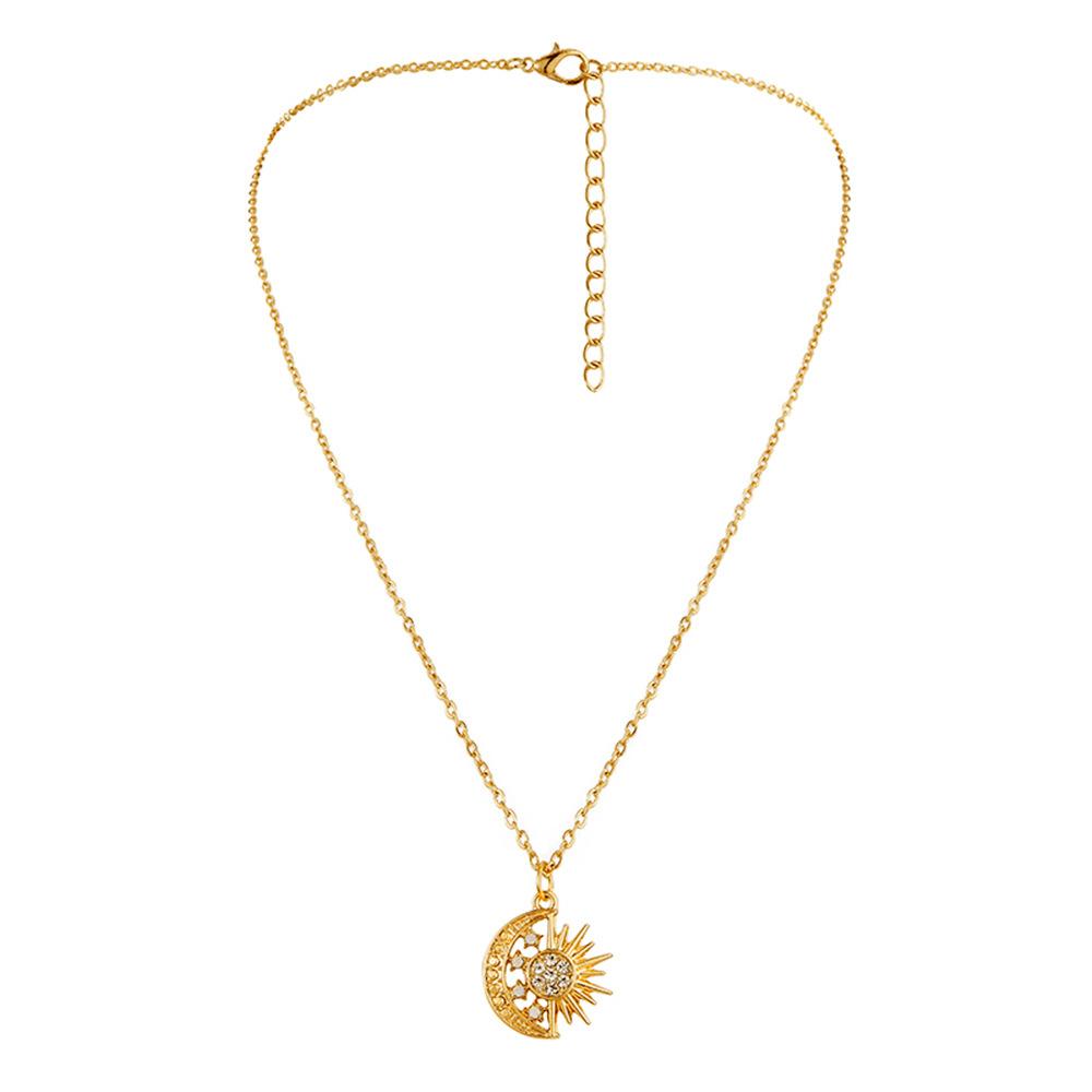 Fashion simple ladies metal hollow moon sun full diamond pendant necklace choker clavicle chain