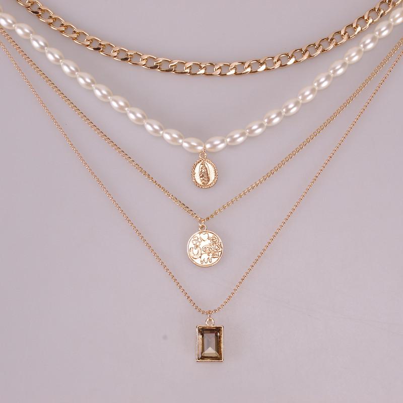 Jewelry Retro Portrait Gem Necklace Sweater Chain Female Personality Color Multi-layer Pearl Necklace