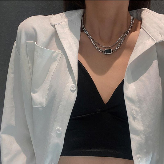 Multilayer Frosty Geometric Square Necklace Female Fashion Net Red Clavicle Chain Retro Hip Hop Pendant Necklace Jewelry