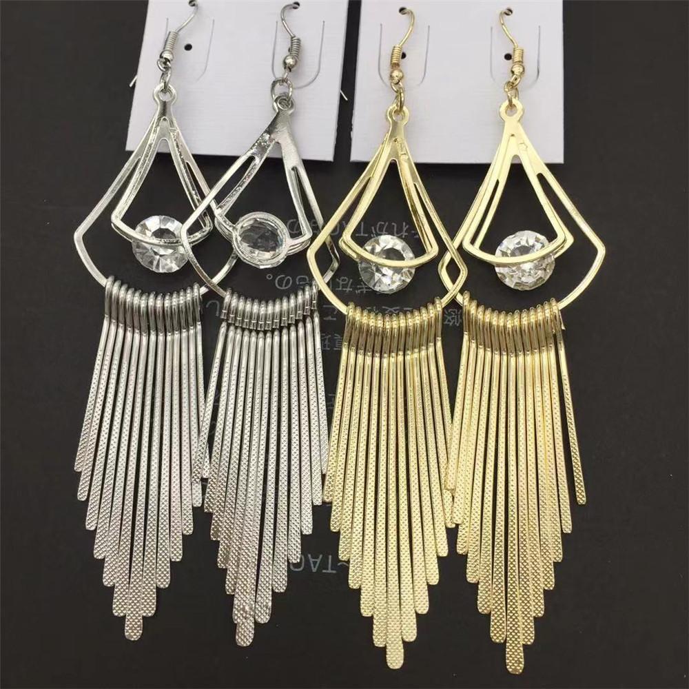 Big water drop clip diamond earrings women's long dot pattern metal strip tassel earrings minority popular jewelry